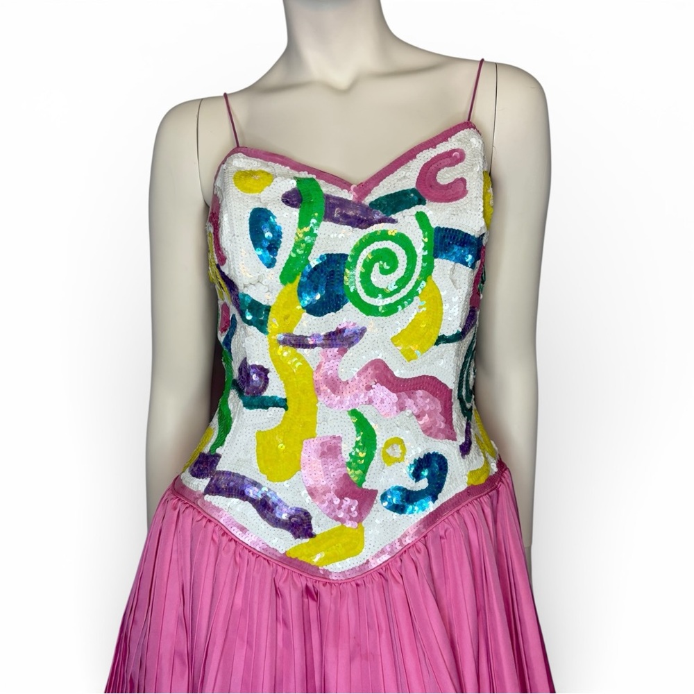 VTG‎ 80’s After Five Julie Duroche Colorful Abstract Sequined Pink Party Dress M